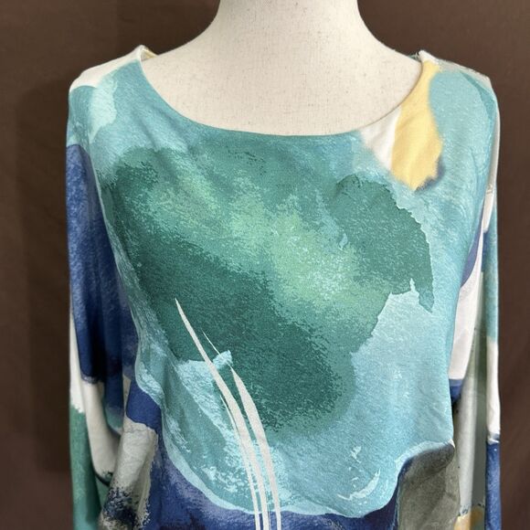 NEW Chico's Touch of Cool Watercolor Banded-Hem Top Size 1 US M 3/4 Sleeves - Picture 2 of 7